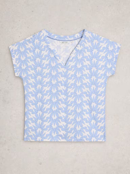 White Stuff Nelly Notch Neck Short Sleeve T-shirt Blue Print
