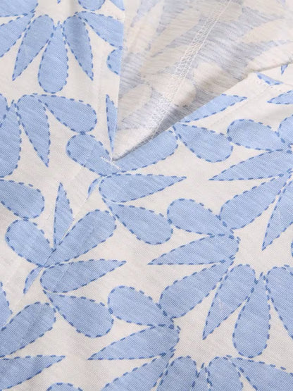 White Stuff Nelly Notch Neck Short Sleeve T-shirt Blue Print