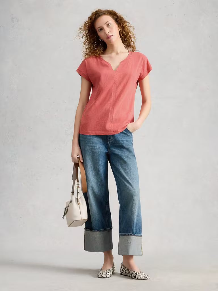 White Stuff Nelly Notch Neck Short Sleeve T-shirt Mid Pink