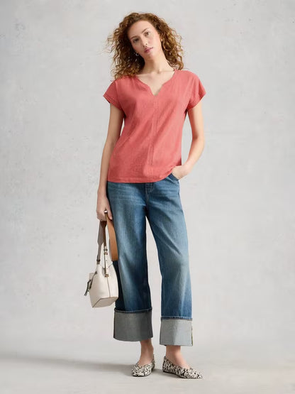White Stuff Nelly Notch Neck Short Sleeve T-shirt Mid Pink