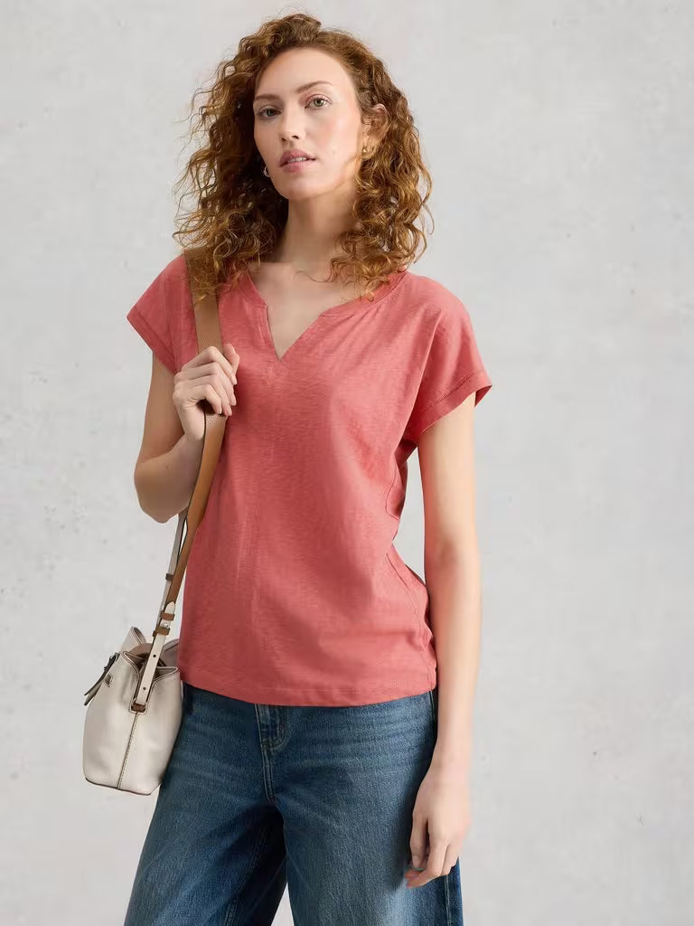 White Stuff Nelly Notch Neck Short Sleeve T-shirt Mid Pink