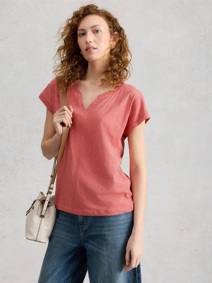 White Stuff Nelly Notch Neck Short Sleeve T-shirt Mid Pink