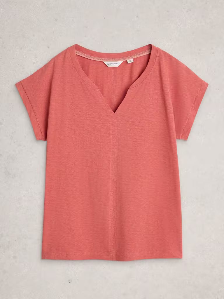 White Stuff Nelly Notch Neck Short Sleeve T-shirt Mid Pink
