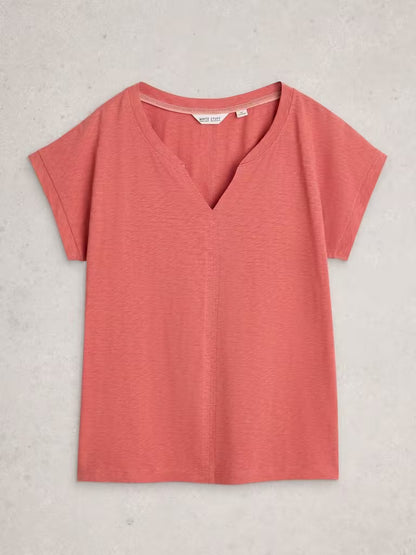 White Stuff Nelly Notch Neck Short Sleeve T-shirt Mid Pink