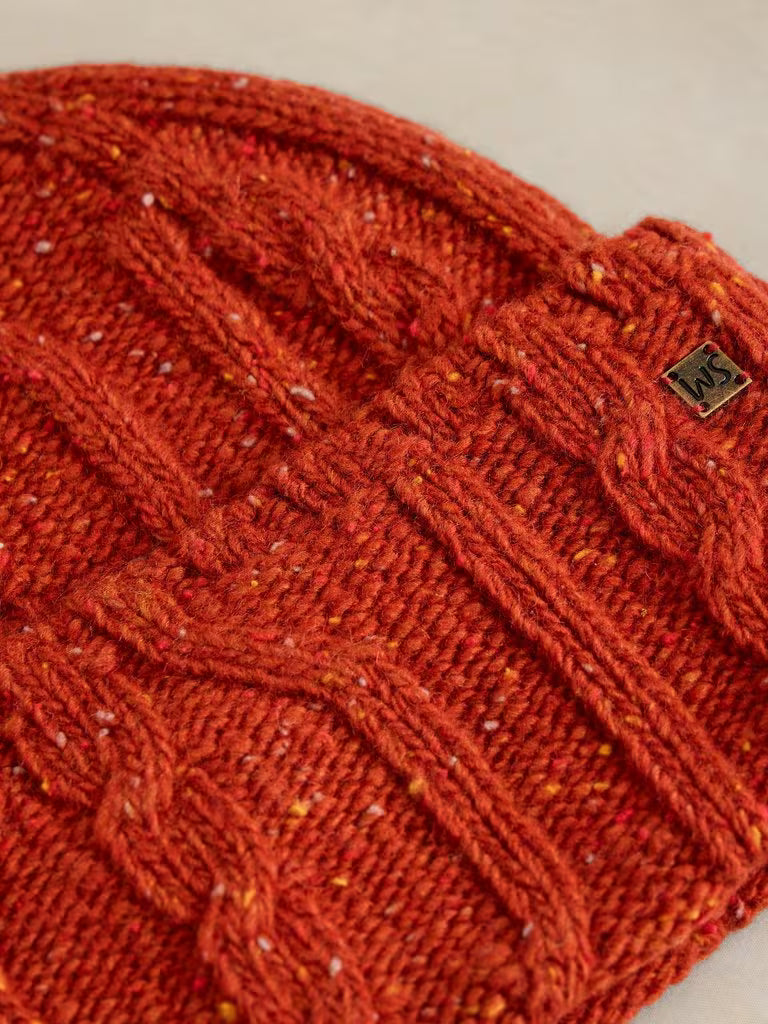 White Stuff Nep Cable Fisherman Beanie Dark Orange