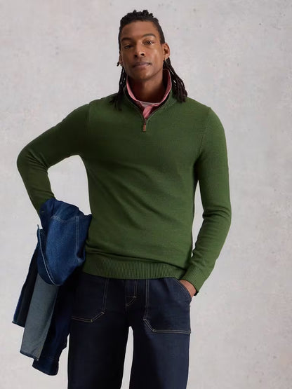 White Stuff Newport Merino Funnel Neck Khaki Green. Men's Polo Neck with Long Sleeve that's Classic Fit and Machine Washable Material: 100% Extrafine Merino