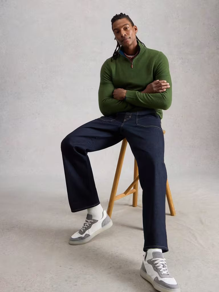 White Stuff Newport Merino Funnel Neck Khaki Green. Men's Polo Neck with Long Sleeve that's Classic Fit and Machine Washable Material: 100% Extrafine Merino