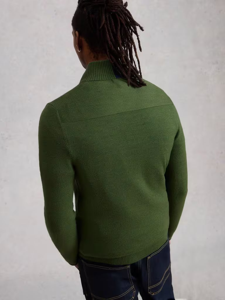 White Stuff Newport Merino Funnel Neck Khaki Green. Men's Polo Neck with Long Sleeve that's Classic Fit and Machine Washable Material: 100% Extrafine Merino