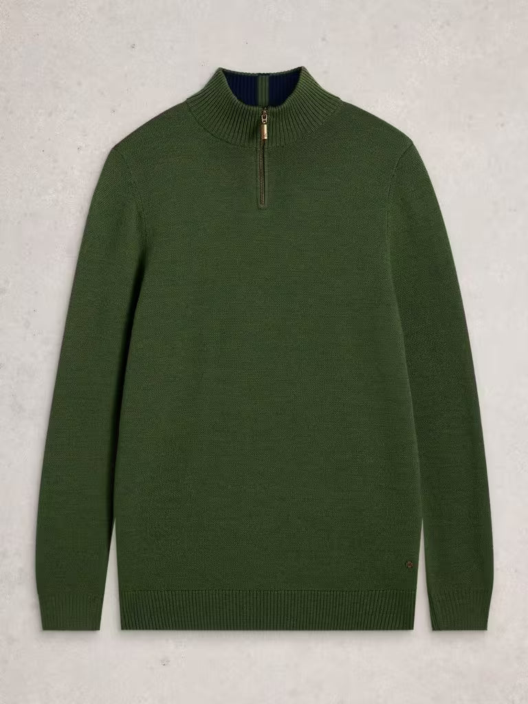 White Stuff Newport Merino Funnel Neck Khaki Green. Men's Polo Neck with Long Sleeve that's Classic Fit and Machine Washable Material: 100% Extrafine Merino