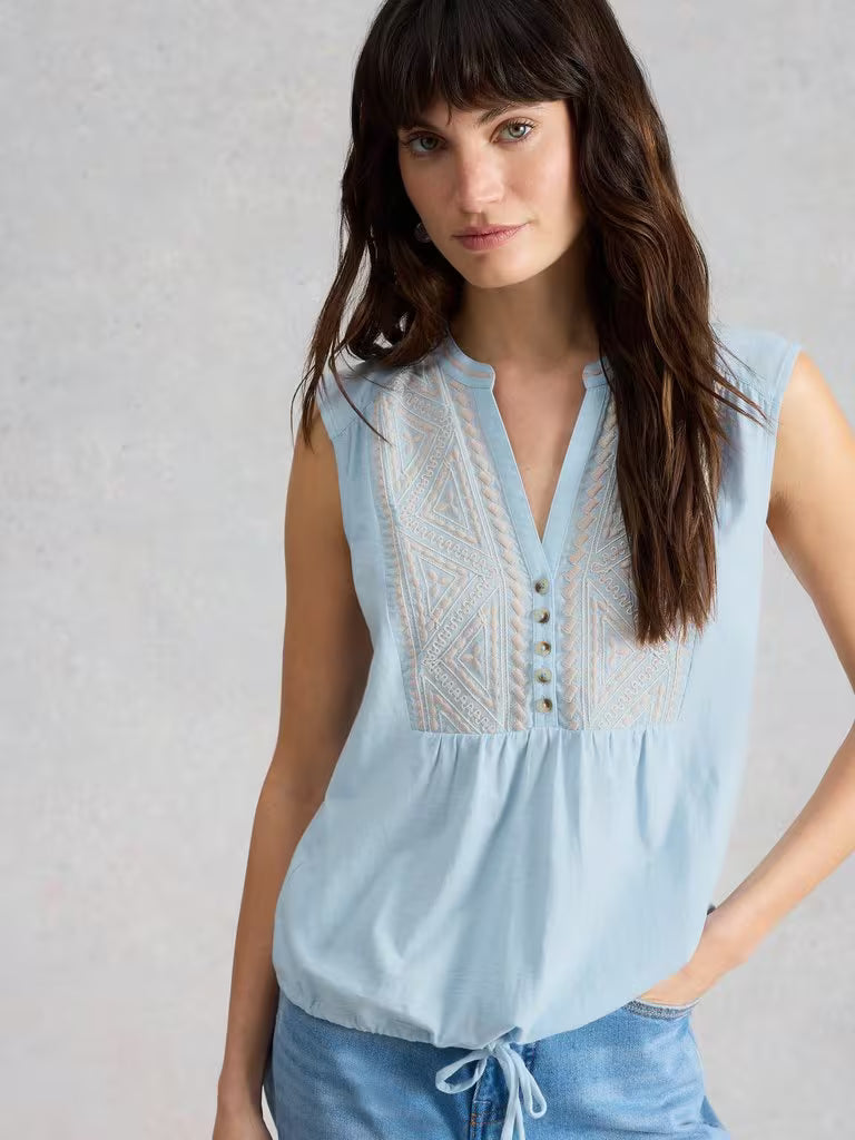 White Stuff Peony Sleeveless Collared Shirt Mid Blue womens Collar that's Sleeveless and Regular Fit that is Machine Washable Colour: Mid Blue Material: 100% Organic Cotton Style Code: 445460