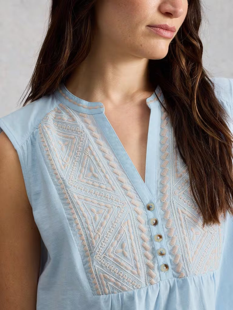 White Stuff Peony Sleeveless Collared Shirt Mid Blue