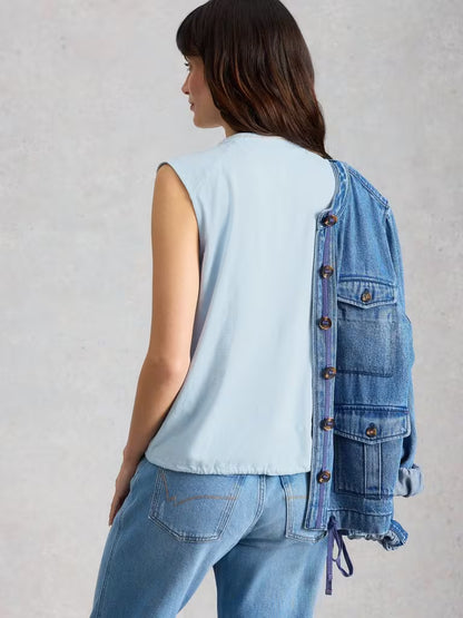 White Stuff Peony Sleeveless Collared Shirt Mid Blue