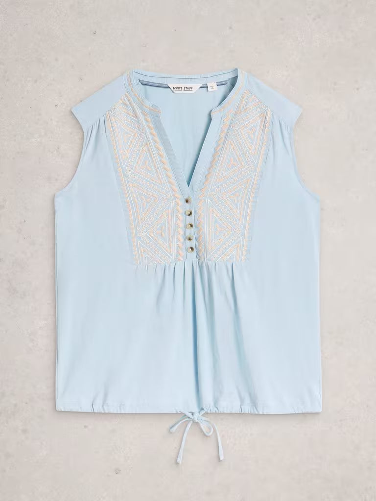 White Stuff Peony Sleeveless Collared Shirt Mid Blue