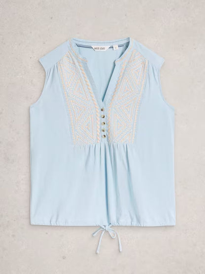 White Stuff Peony Sleeveless Collared Shirt Mid Blue