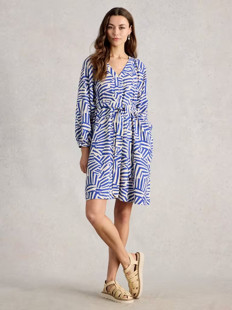 White Stuff Petra Linen Blend Dress Blue Multi