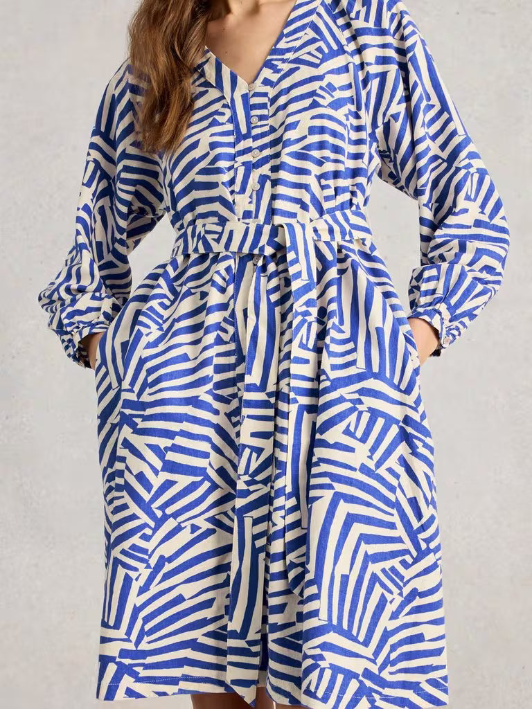 White Stuff Petra Linen Blend Dress Blue Multi