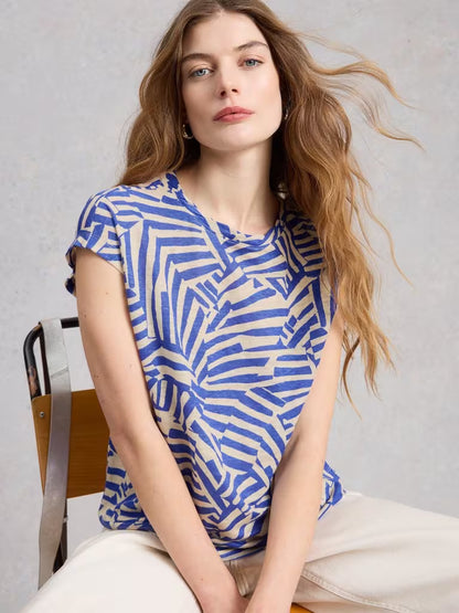 White Stuff Rowan Linen Tee Blue Print women's Crew Neck with Short Sleeve that's Regular Fit and Machine Washable Colour: Blue Print Material: 100% Cotton Style Code: 445355