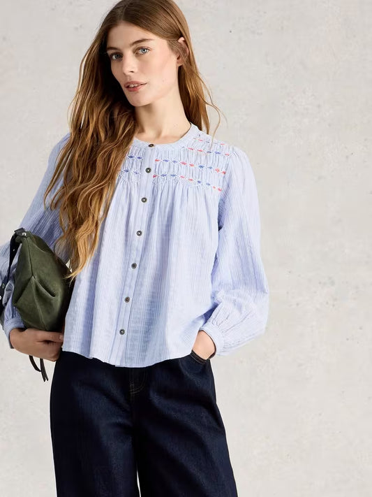 White Stuff Sammy Smock Top Blue Multi womens Crew Neck that is Long Sleeve and Classic Fit that can be Machine Washable Colour: Blue Multi Material: 100% Organic Cotton Style Code: 445288