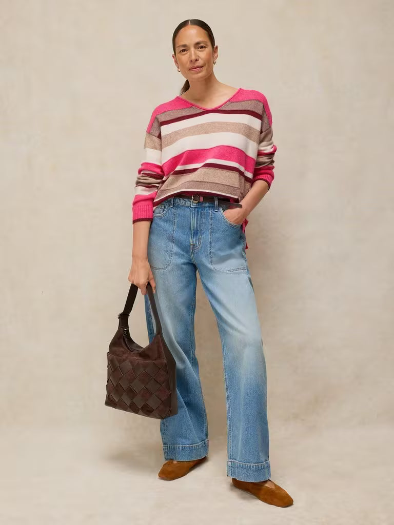 White Stuff Sansa V Neck Striped Jumper Pink