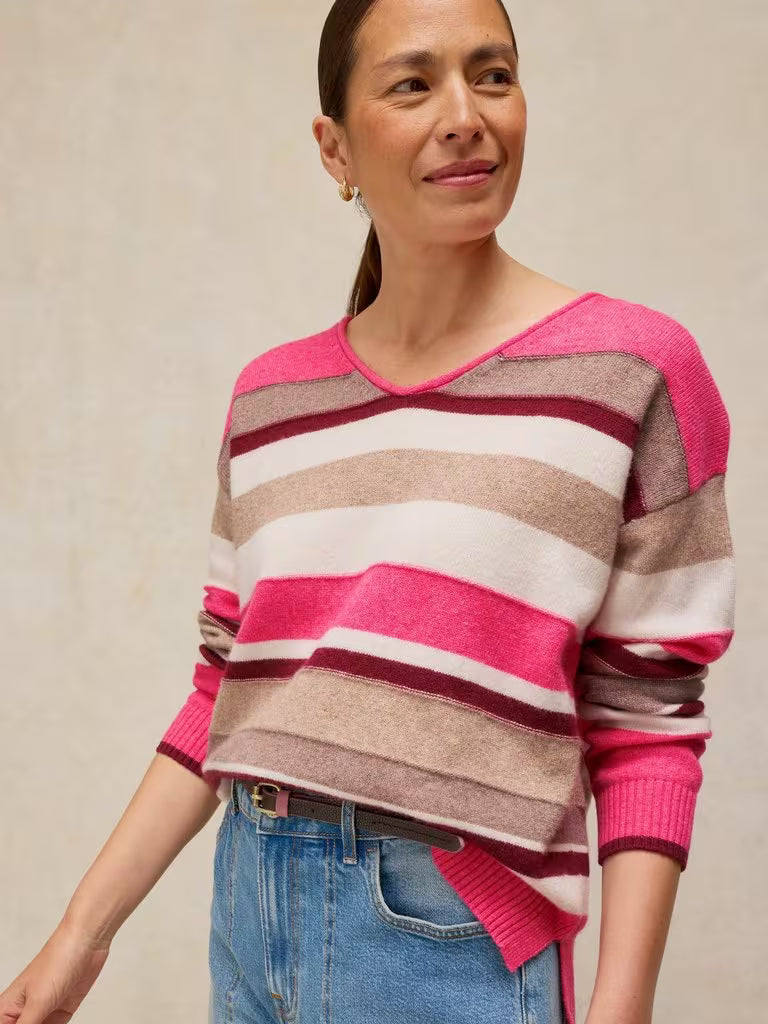 White Stuff Sansa V Neck Striped Jumper Pink