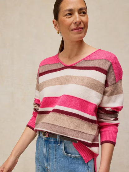 White Stuff Sansa V Neck Striped Jumper Pink