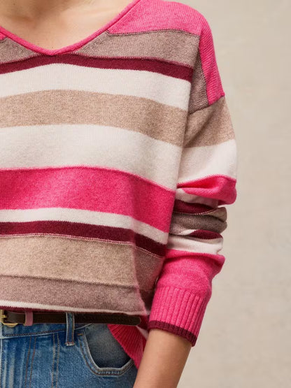 White Stuff Sansa V Neck Striped Jumper Pink