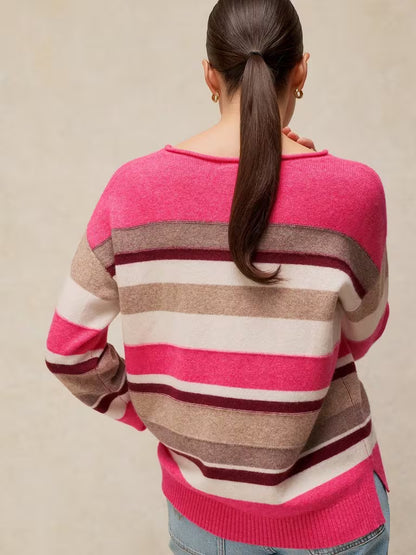White Stuff Sansa V Neck Striped Jumper Pink