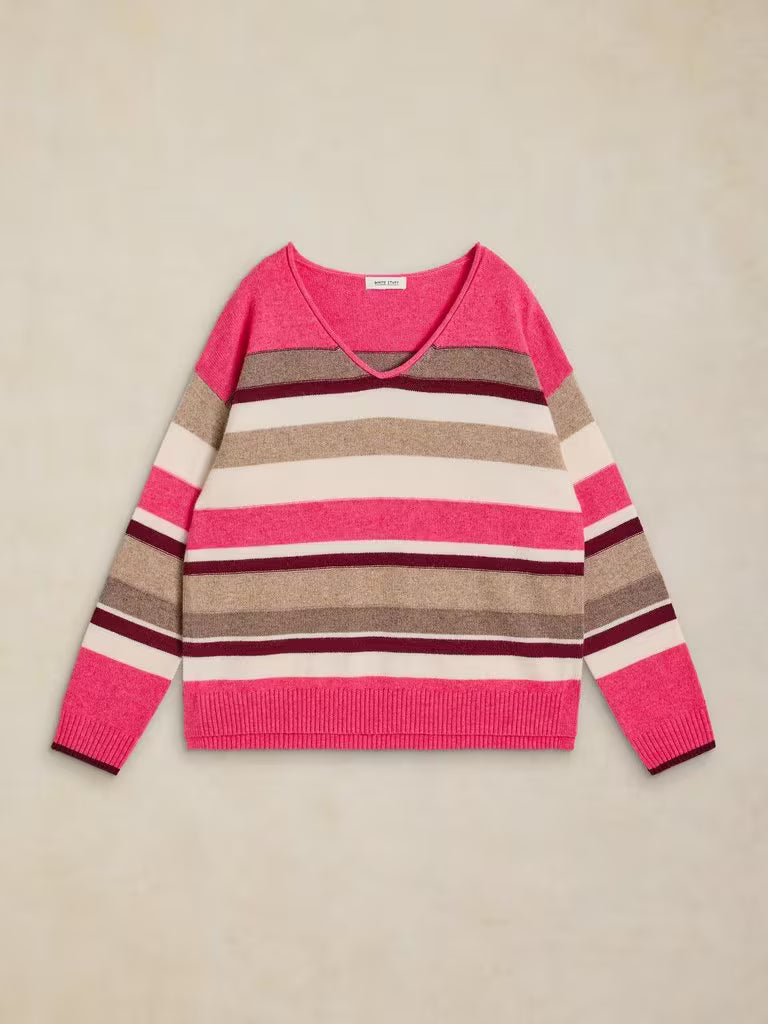 White Stuff Sansa V Neck Striped Jumper Pink