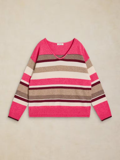White Stuff Sansa V Neck Striped Jumper Pink