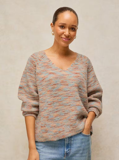 White Stuff Savannah Spacedye Jumper Natural Multi. womens V Neck jumper with long Sleeve that's Regular Fit and Machine Washable Material: 78% Recycled Polyester, 10% Nylon, 10% Wool & 2% Spandex