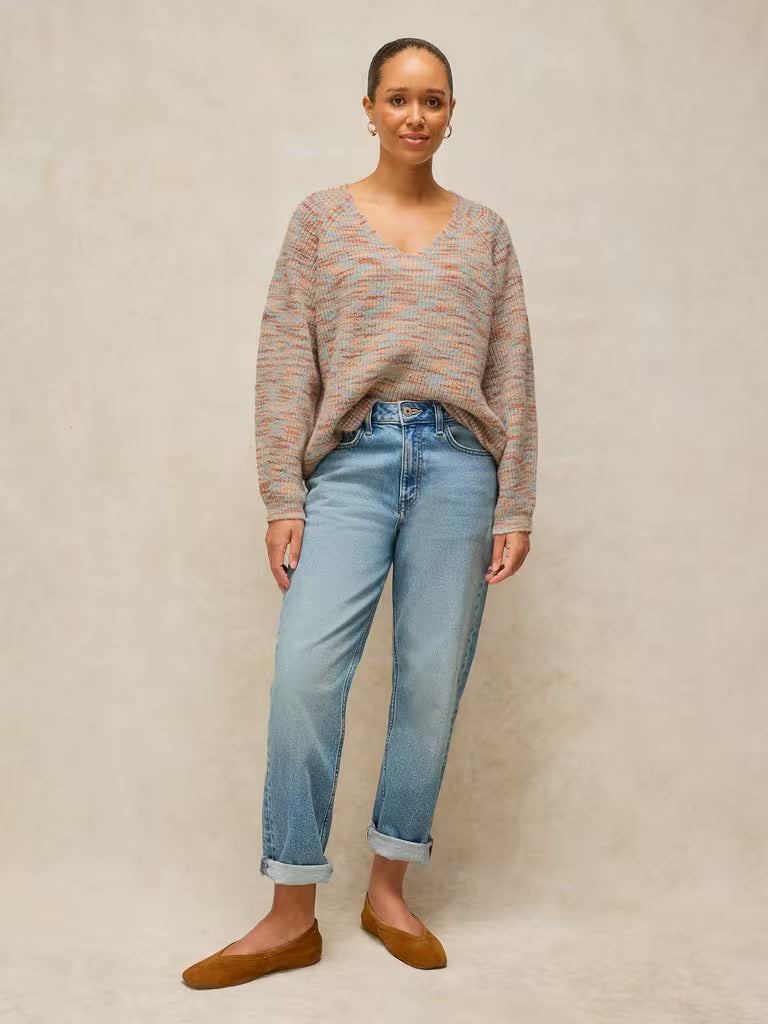 White Stuff Savannah Spacedye Jumper Natural Multi. womens V Neck jumper with long Sleeve that's Regular Fit and Machine Washable Material: 78% Recycled Polyester, 10% Nylon, 10% Wool & 2% Spandex