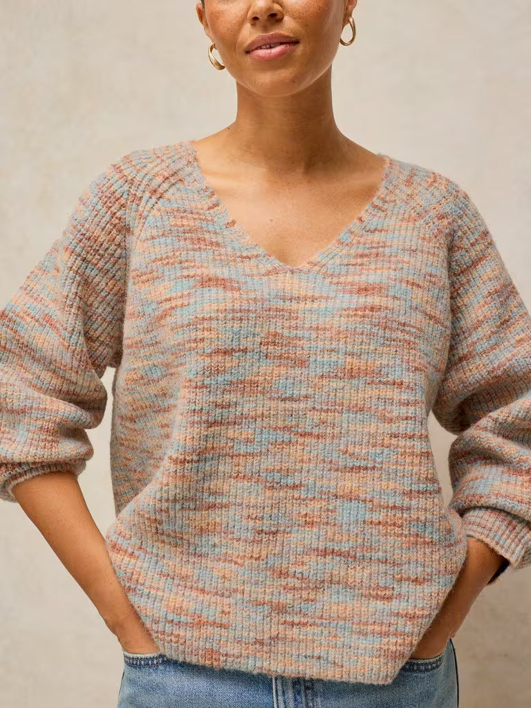 White Stuff Savannah Spacedye Jumper Natural Multi. womens V Neck jumper with long Sleeve that's Regular Fit and Machine Washable Material: 78% Recycled Polyester, 10% Nylon, 10% Wool & 2% Spandex