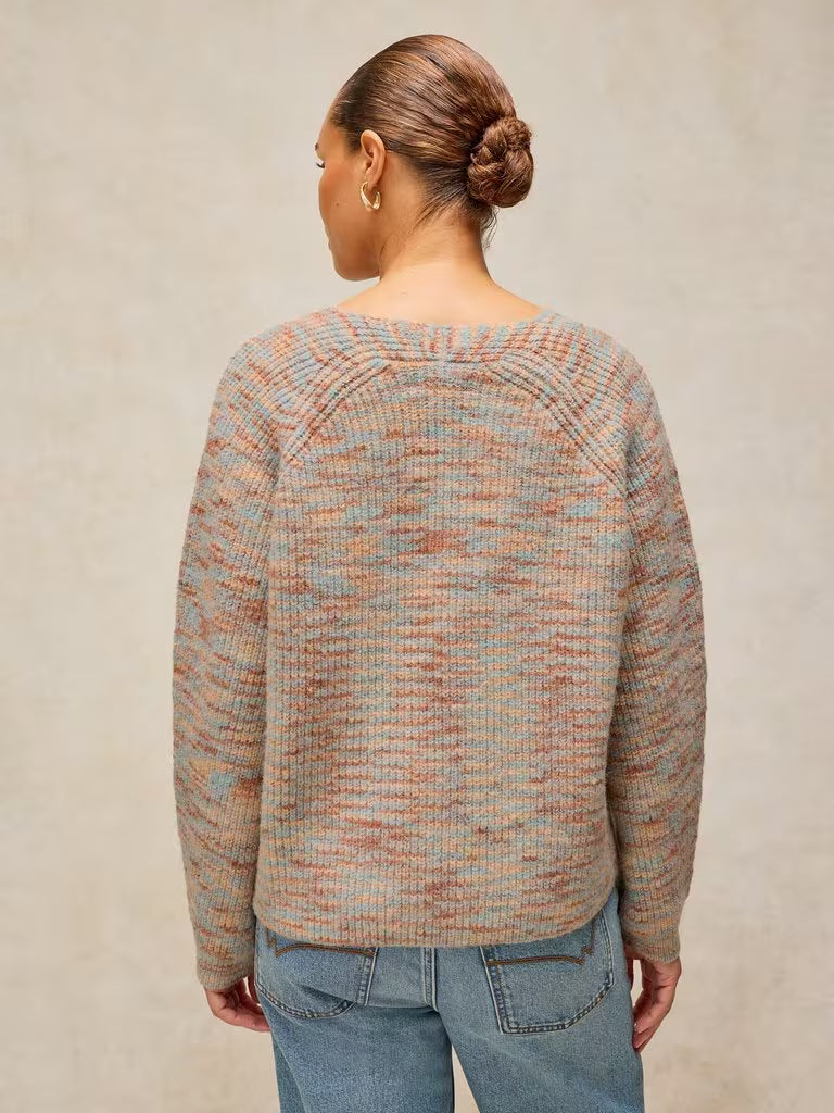 White Stuff Savannah Spacedye Jumper Natural Multi. womens V Neck jumper with long Sleeve that's Regular Fit and Machine Washable Material: 78% Recycled Polyester, 10% Nylon, 10% Wool & 2% Spandex