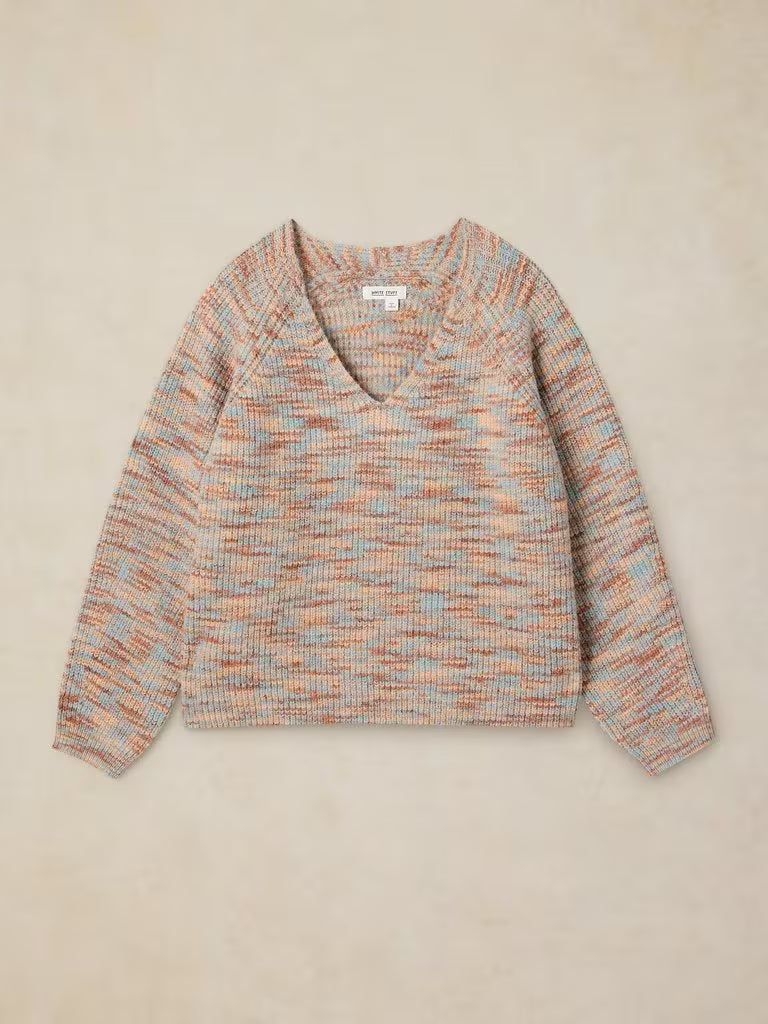 White Stuff Savannah Spacedye Jumper Natural Multi. womens V Neck jumper with long Sleeve that's Regular Fit and Machine Washable Material: 78% Recycled Polyester, 10% Nylon, 10% Wool & 2% Spandex