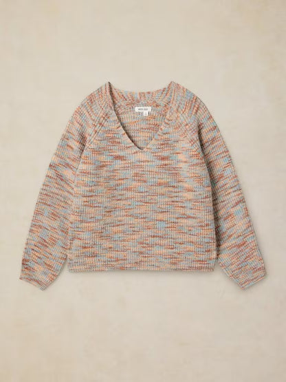 White Stuff Savannah Spacedye Jumper Natural Multi. womens V Neck jumper with long Sleeve that's Regular Fit and Machine Washable Material: 78% Recycled Polyester, 10% Nylon, 10% Wool & 2% Spandex