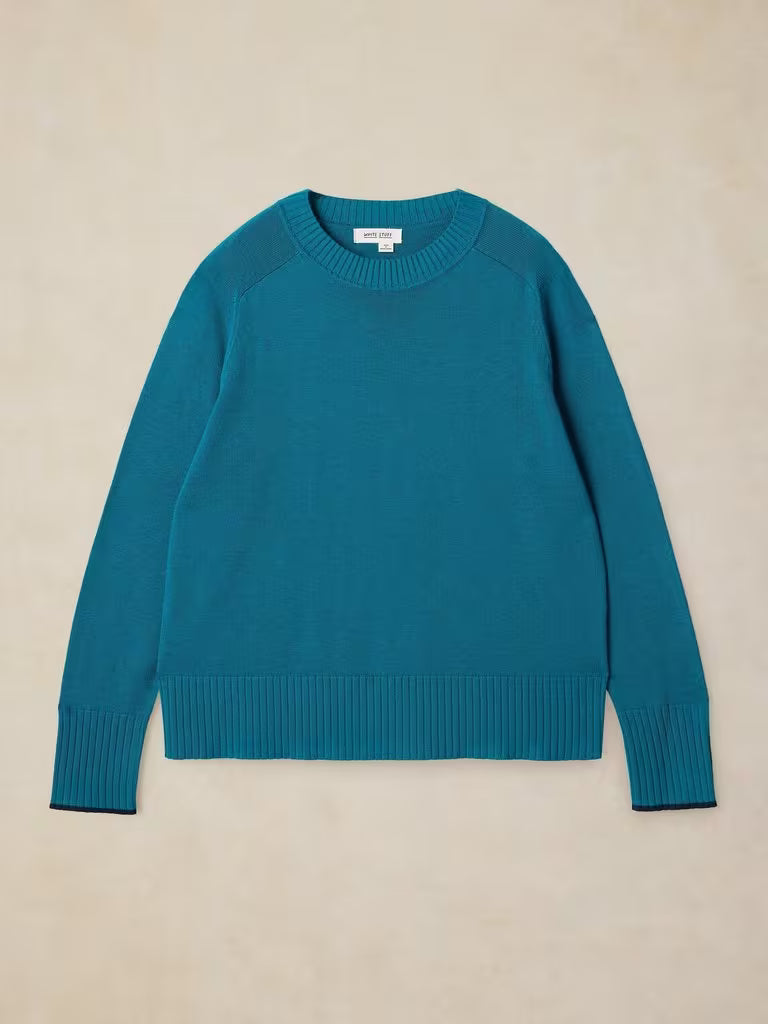 White Stuff Sienna Jumper Mid Teal . Womens Crew Neck jumper with Long Sleeve in a Regular Fit that's Machine Washable. Material: 55% Organic Cotton, 30% Modal (TENCEL™) & 15% Polyester Style Code: 446713