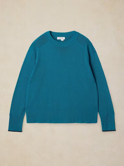 White Stuff Sienna Jumper Mid Teal . Womens Crew Neck jumper with Long Sleeve in a Regular Fit that's Machine Washable. Material: 55% Organic Cotton, 30% Modal (TENCEL™) & 15% Polyester Style Code: 446713