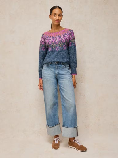 White Stuff Talia Fairisle Jumper Teal Multi. Womens sweater with Crew Neck and Long Sleeve that's Regular Fit and Machine Washable. Material: 47% Acrylic, 32% Recycled Polyester, 19% Organic Cotton & 2% Elastane