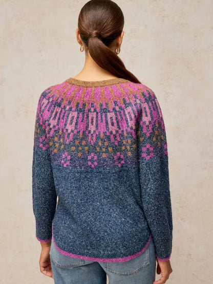 White Stuff Talia Fairisle Jumper Teal Multi. Womens sweater with Crew Neck and Long Sleeve that's Regular Fit and Machine Washable. Material: 47% Acrylic, 32% Recycled Polyester, 19% Organic Cotton & 2% Elastane