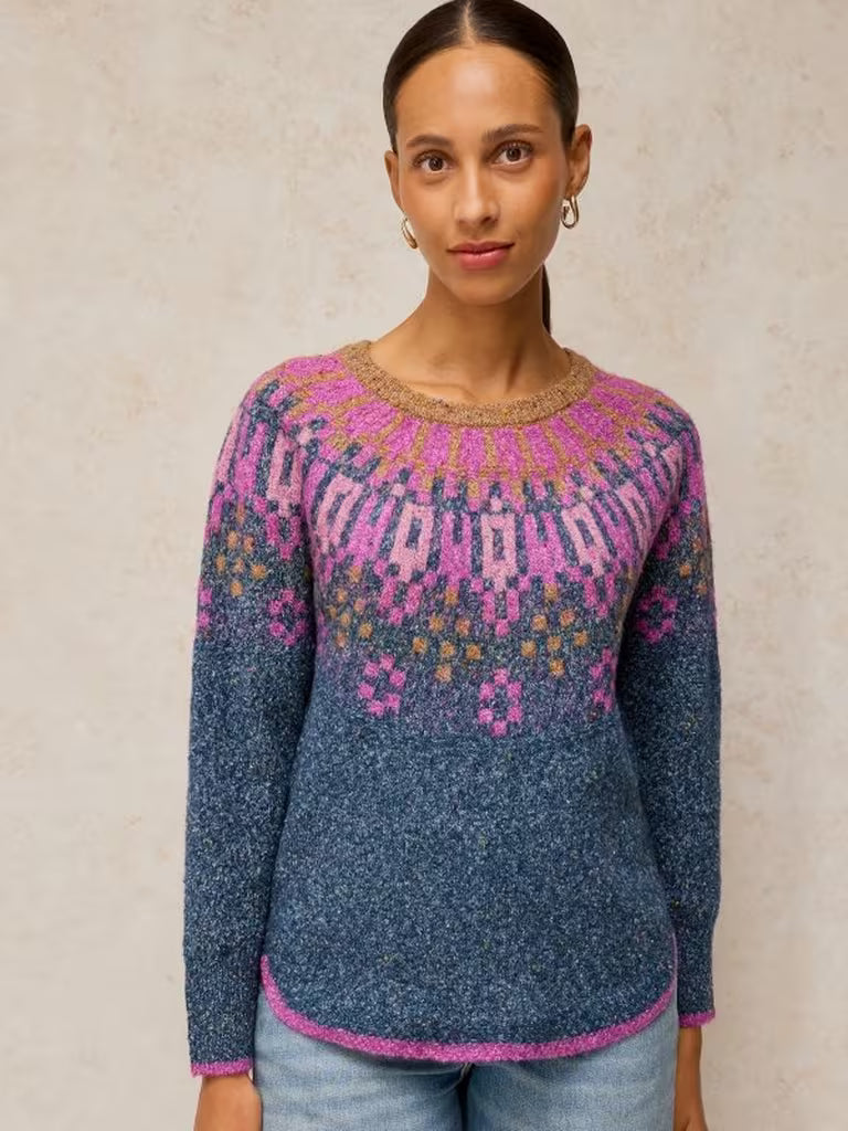 White Stuff Talia Fairisle Jumper Teal Multi. Womens sweater with Crew Neck and Long Sleeve that's Regular Fit and Machine Washable. Material: 47% Acrylic, 32% Recycled Polyester, 19% Organic Cotton & 2% Elastane
