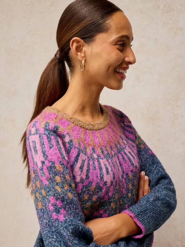 White Stuff Talia Fairisle Jumper Teal Multi. Womens sweater with Crew Neck and Long Sleeve that's Regular Fit and Machine Washable. Material: 47% Acrylic, 32% Recycled Polyester, 19% Organic Cotton & 2% Elastane