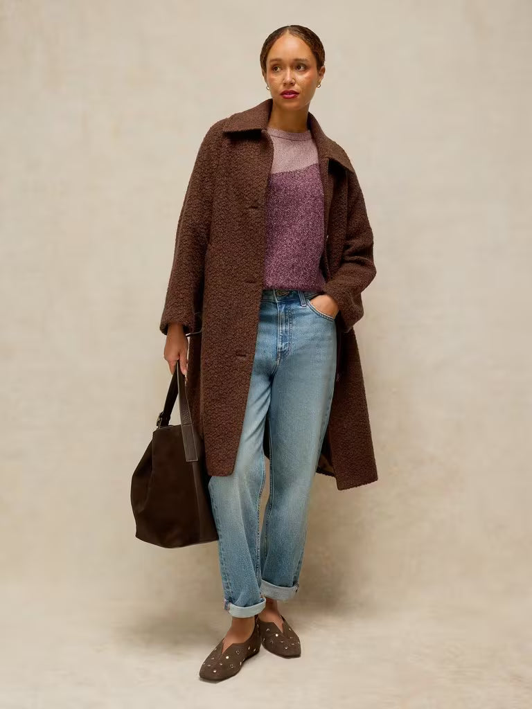 White Stuff Talia Nep Abstract Jumper Plum Multi. Womens Crew Neck with Long Sleeve that's Regular Fit and Machine Washable. Material: 49% Acrylic, 31% Recycled Polyester, 19% Organic Cotton & 1% Elastane