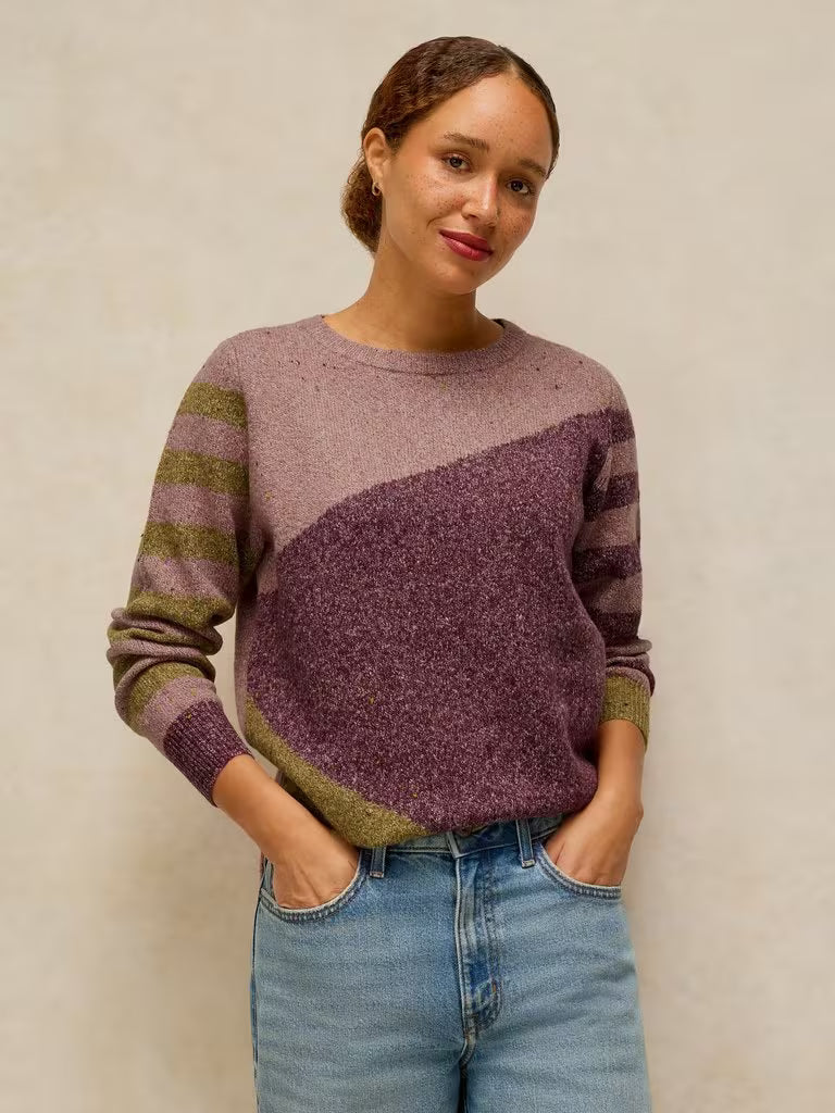 White Stuff Talia Nep Abstract Jumper Plum Multi. Womens Crew Neck with Long Sleeve that's Regular Fit and Machine Washable. Material: 49% Acrylic, 31% Recycled Polyester, 19% Organic Cotton & 1% Elastane