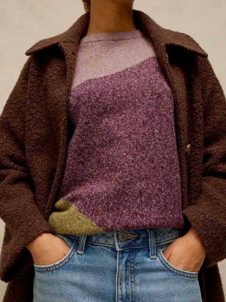 White Stuff Talia Nep Abstract Jumper Plum Multi. Womens Crew Neck with Long Sleeve that's Regular Fit and Machine Washable. Material: 49% Acrylic, 31% Recycled Polyester, 19% Organic Cotton & 1% Elastane