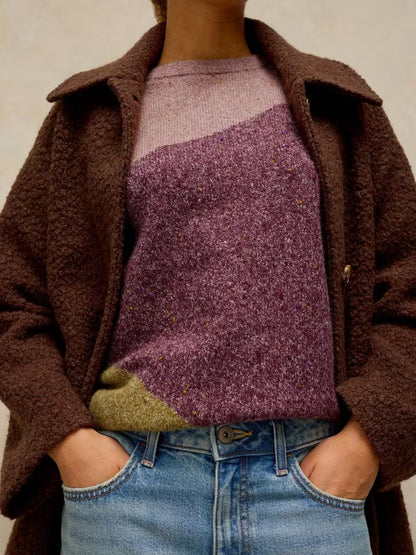 White Stuff Talia Nep Abstract Jumper Plum Multi. Womens Crew Neck with Long Sleeve that's Regular Fit and Machine Washable. Material: 49% Acrylic, 31% Recycled Polyester, 19% Organic Cotton & 1% Elastane
