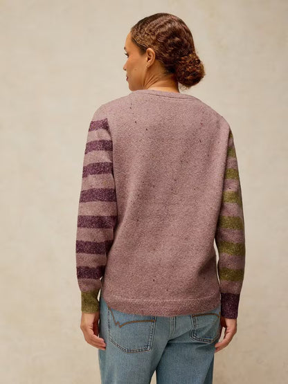 White Stuff Talia Nep Abstract Jumper Plum Multi. Womens Crew Neck with Long Sleeve that's Regular Fit and Machine Washable. Material: 49% Acrylic, 31% Recycled Polyester, 19% Organic Cotton & 1% Elastane