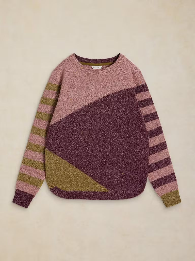 White Stuff Talia Nep Abstract Jumper Plum Multi. Womens Crew Neck with Long Sleeve that's Regular Fit and Machine Washable. Material: 49% Acrylic, 31% Recycled Polyester, 19% Organic Cotton & 1% Elastane