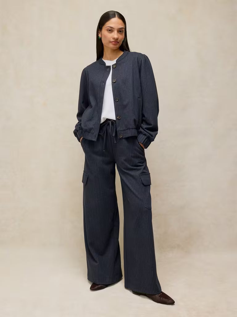 White Stuff Teagan Stripe Wide Leg Trouser Navy Multi. Womens Wide Leg trouser that's Machine Washable Material: 73% Recycled Polyester, 26% Livaeco Viscose, 1% Elastane 