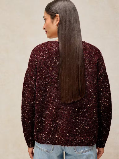 White Stuff Texture V Neck Jumper Dark Plum. Womens V Neck jumper with Long Sleeve that's Regular Fit and Machine Washable. Material: 77% Recycled Polyester, 17% Acrylic & 6% Wool 