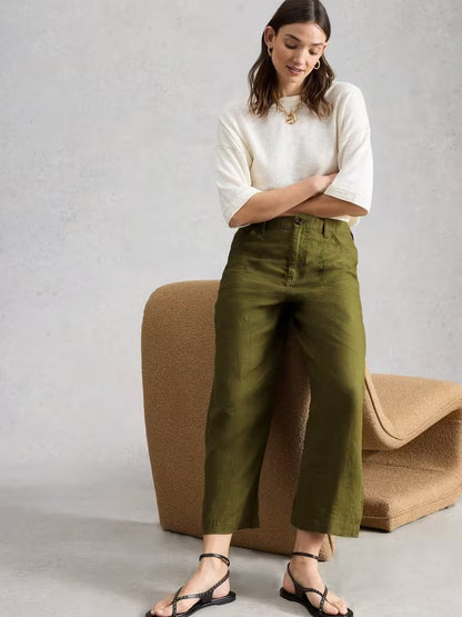 White Stuff Tia Linen Wide Leg Crop Mid Green